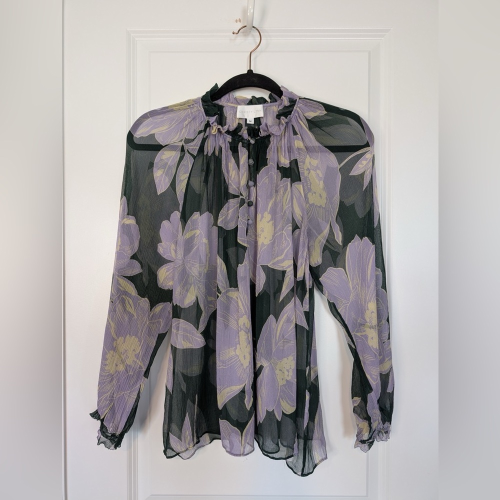 Christy Lynn Women’s Karla Silk Floral Purple Green Black Blouse Size Medium